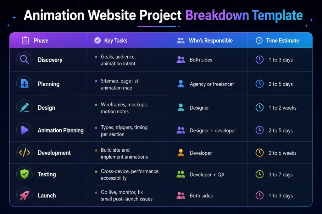 Animation website project breakdown template